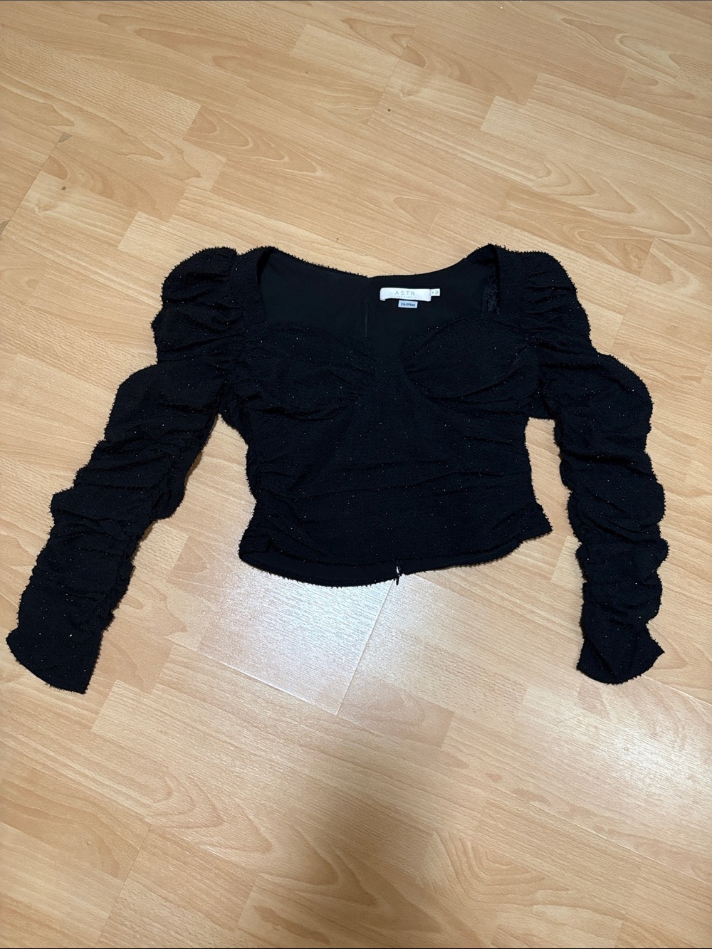 Astr Black Sparkle Puff-Sleeve Ruched Long Sleeve Top